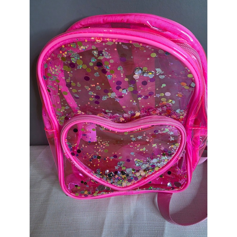 Claires Club Pink Clear Glitter Confetti Heart Mini Backpack Shaker Bag